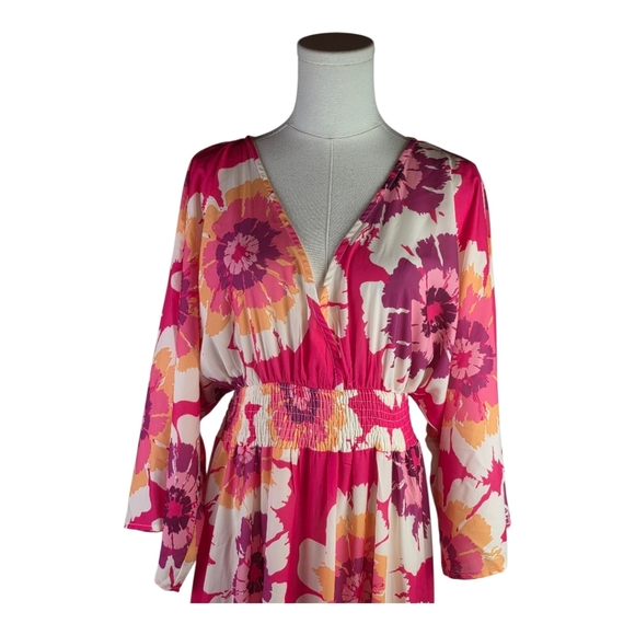 Flying Tomato Pink Floral Maxi Dress M Boho Kimono Sleeve Smocked Waist - Picture 2 of 12